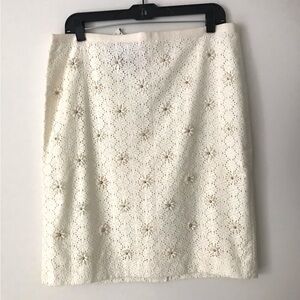 Talbots Crochet Skirt Beaded Flowers Lace Straight Creme-Ivory 12P NWT